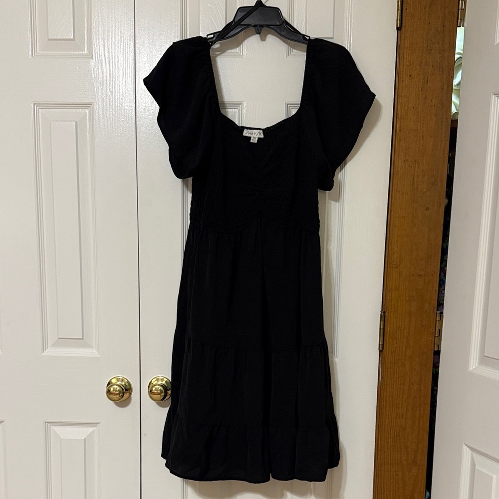 1XL - She + Sky Black Smocked Neck Puff Sleeve Midi Dress